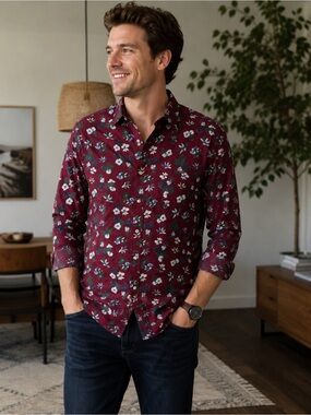 NWT Michael Kors Mens Burgundy Floral Button-Down Shirt